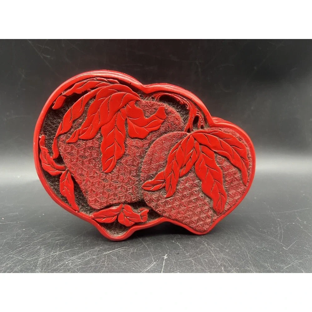 Antique Vintage Chinese Cinnabar Red Lacquer Hand Carved Strawberry Trinket Box